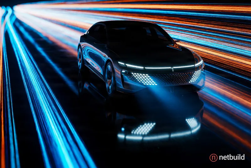 A dark futuristic sedan speeds on reflective black tarmac at night. The car features a glowing horizontal light bar and an illuminated hexagonal mesh...