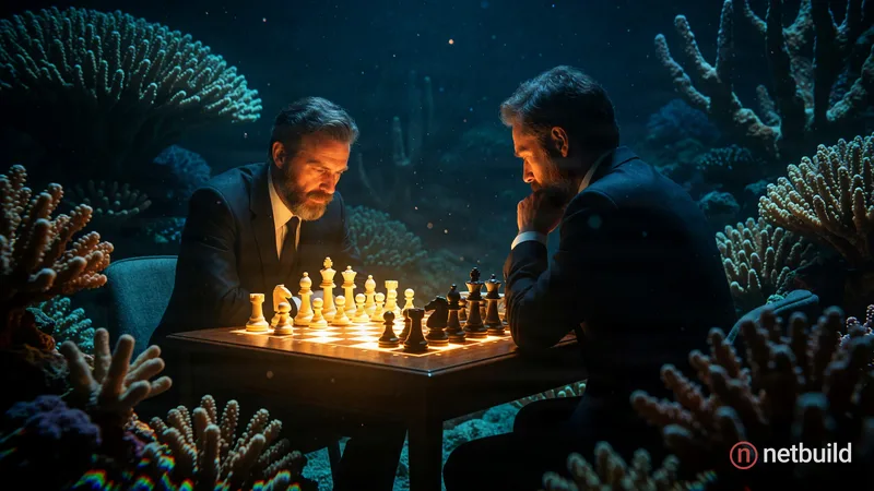 A bearded man in a dark suit plays chess at a glowing board within a dark, surreal underwater coral reef. Warm golden light radiates from the large wh...
