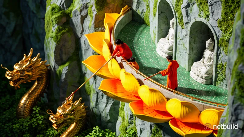 High-angle shot of a curved elevated walkway with a giant yellow lotus petal railing. A person in a bright orange robe extends a long pole over the ed...