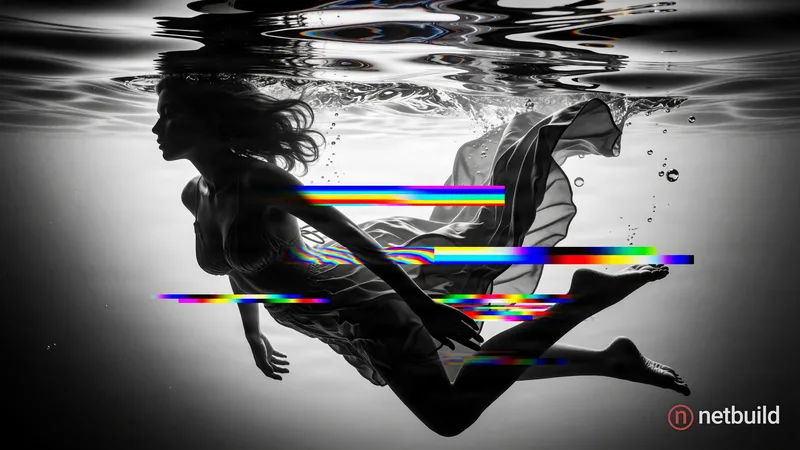 A woman submerged underwater, captured in a stark black-and-white glitch art style. Her floating silhouette is fractured by severe horizontal digital...