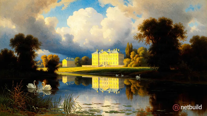 Classical landscape oil painting of a luminous yellow manor beside a tranquil river. Dramatic towering cumulus clouds dominate the sky, reflecting per...