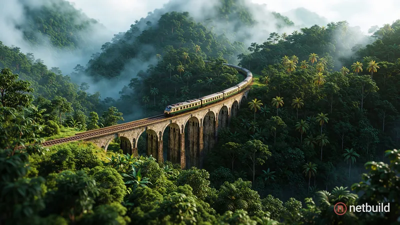 Wide elevated scenic landscape photography of a passenger train elegantly curving on tracks across a majestic multi-arched stone viaduct. The train tr...