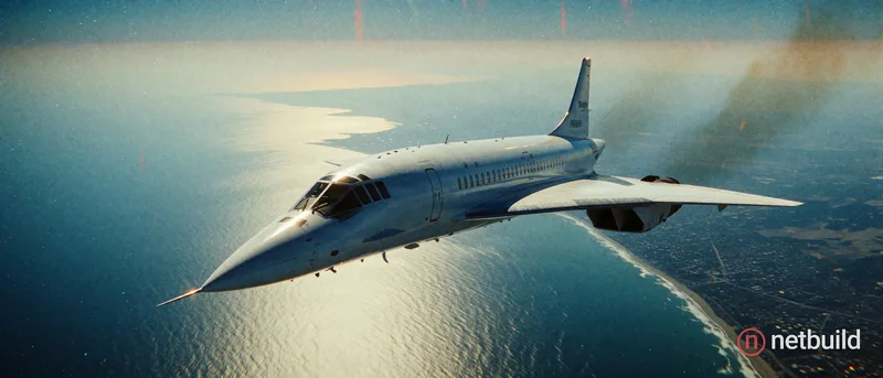 Cinematic mid-flight aerial shot of a sleek white supersonic passenger jet with a sharply pointed nose and distinct delta wings, soaring over a hazy b...