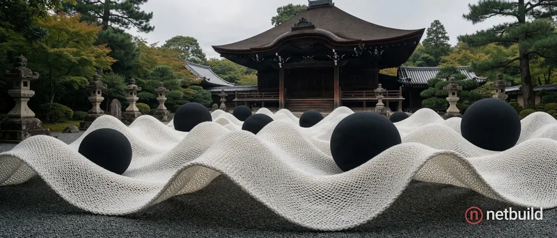Surreal art installation in a grey gravel courtyard, undulating white textured knitted mesh draped fluidly across the ground, large matte black sphere...