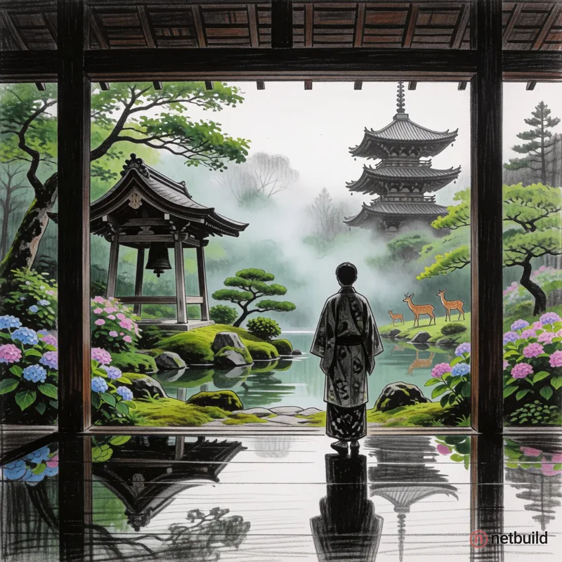 "Framed by dark wooden pillars and a highly reflective floor, a figure in a patterned robe views a misty Japanese garden. A vibrant landscape unfolds...