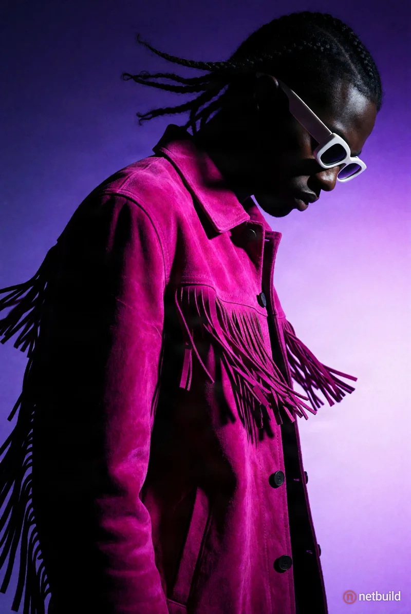 Cinematic high-fashion editorial profile of a dark-skinned man facing right with bowed head, dark braided hair whipping sharply backward in dynamic mo...