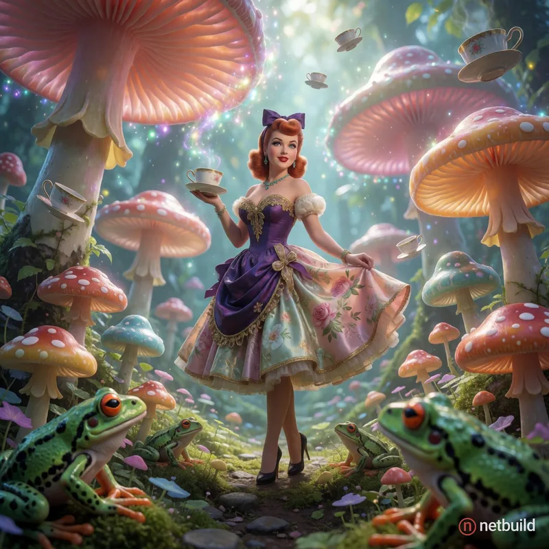 Ein klassisches Pinup-Girl in einem opulenten 50er-Jahre-Outfit, stehend in einer surrealen Wonderland-Landschaft voller gigantischer, leuchtender Pil...