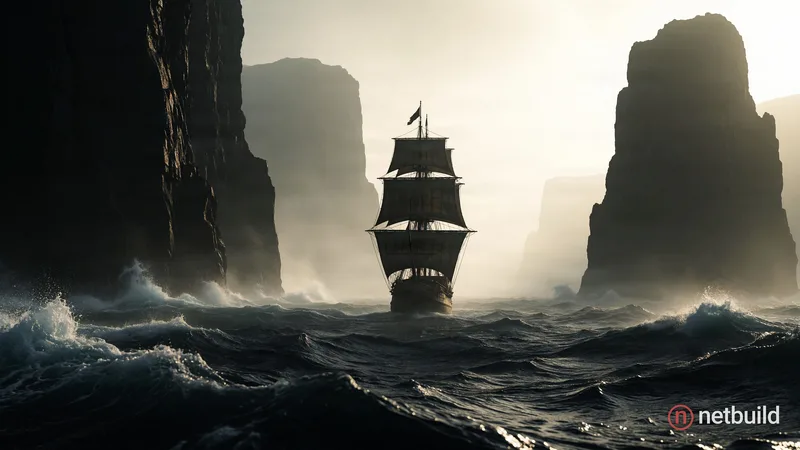 A traditional sailing ship with dark square sails navigates a turbulent oceanic channel between towering, sheer black cliffs. The colossal rocky silho...