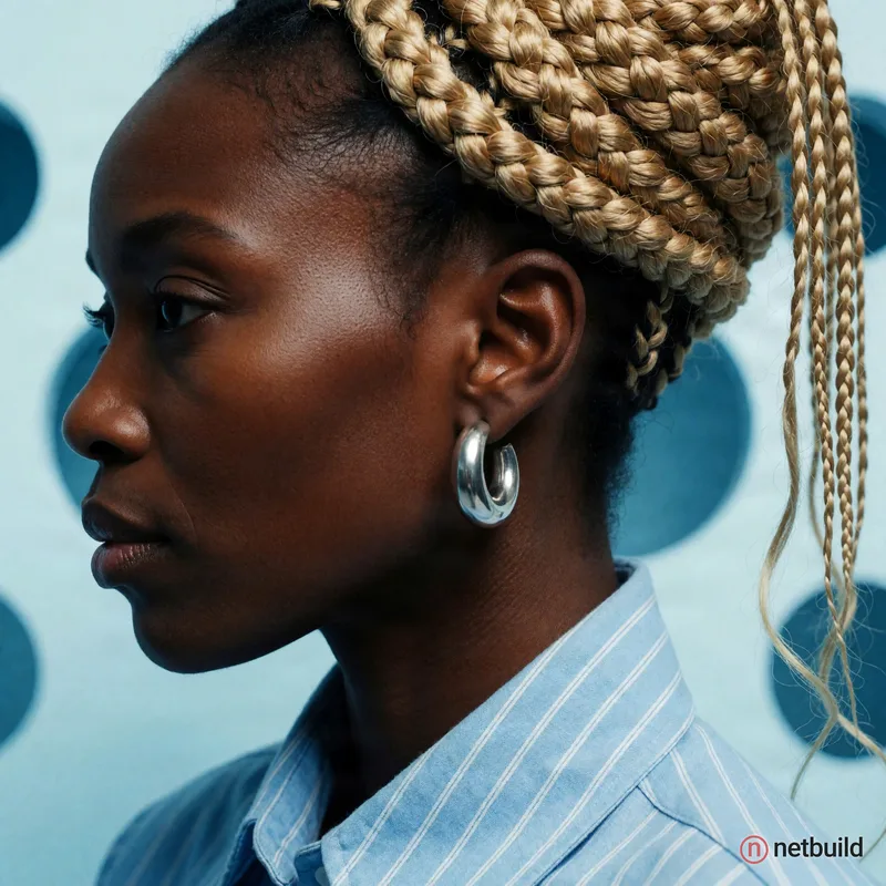 Extreme close-up profile portrait of a Black woman with smooth dark skin and a sharp jawline, wearing a light blue pinstriped collared shirt and a thi...