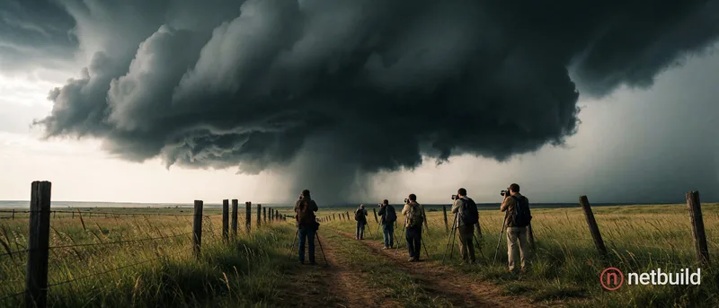Cinematic wide-angle shot of several photographers with tripods scattered along a rustic dirt path in a vast grassy prairie. A colossal, menacing dark...