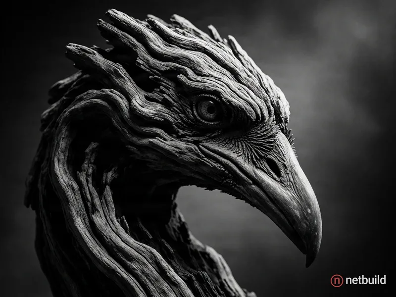 High-contrast black and white macro photography of weathered driftwood naturally shaped like an avian head in profile. Dramatic side lighting accentua...