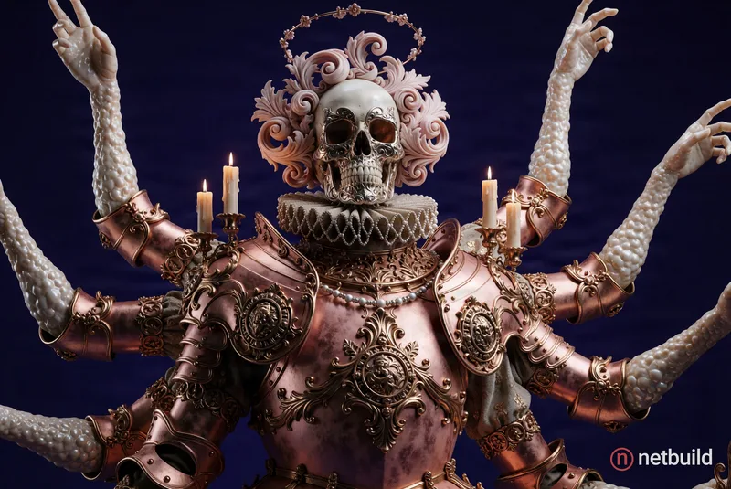 A multi-armed skeletal figure in elaborate rose-gold baroque armor, standing against a deep indigo background. The skull features metallic filigree ey...
