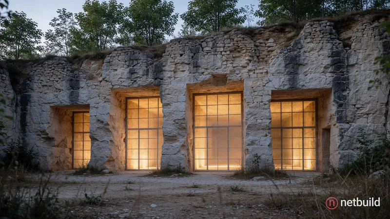 excavated stone quarry with large rectangular openings, glowing translucent grid screens in carved doorways, warm golden interior light radiating thro...