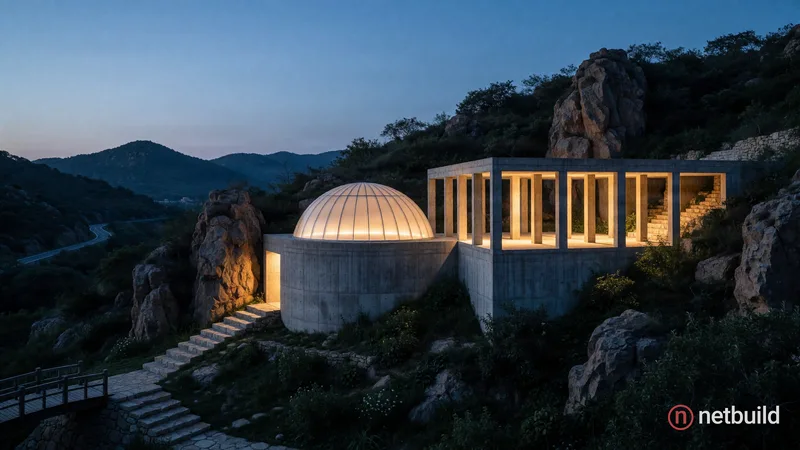 Wide-angle architectural photograph of a modern brutalist concrete pavilion integrated into a rugged rocky hillside at dusk. A glowing semicircular tr...