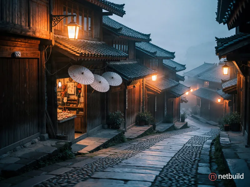 Cinematic wide shot of a descending stone-paved street lined with traditional wooden buildings at dusk. Warm orange light from glowing streetlamps con...