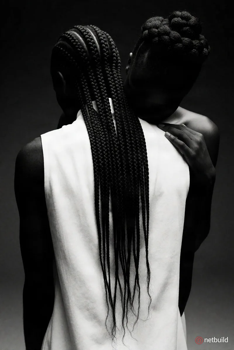 Intimate black and white studio portrait of two embraced figures against a minimalist dark gradient backdrop. Foreground subject faces away, wearing a...