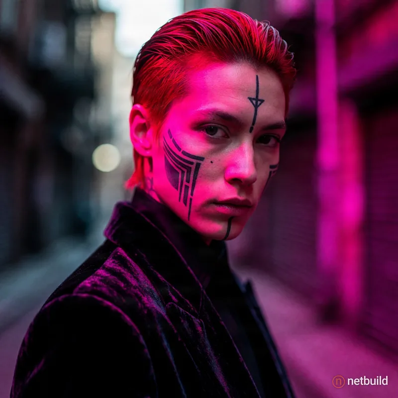 Extreme close-up portrait of a person with slicked-back vibrant red hair and precise black geometric facial tattoos. Wearing a luxurious dark velvet j...