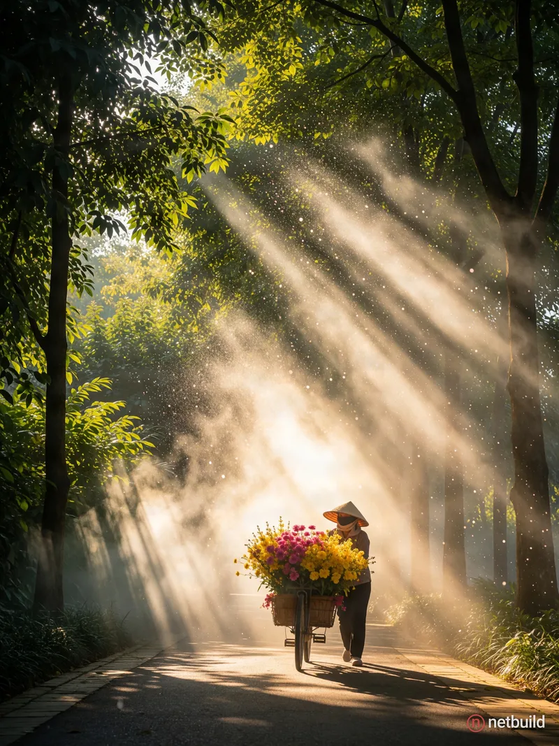 Cinematic backlit photography of a silhouetted figure in a conical hat pushing a bicycle overflowing with vibrant yellow and pink flowers along a pave...