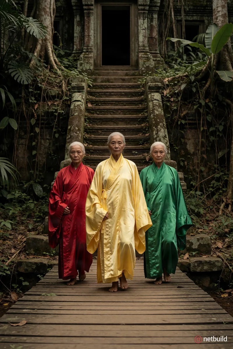 Three elderly women in flowing bright silk robes walk forward along a wooden boardwalk. They descend from weathered stone temple stairs set into a lus...