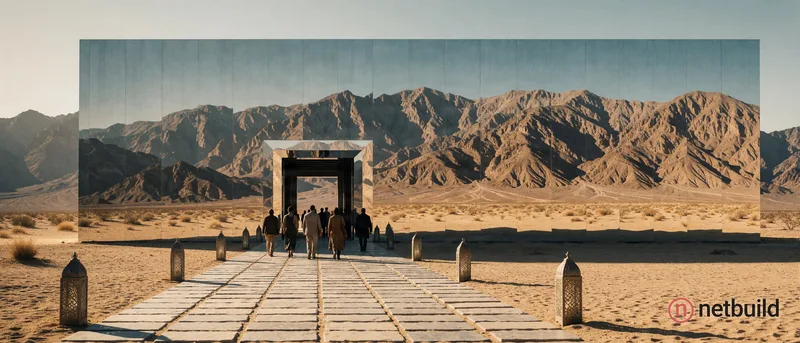 Massive mirrored rectangular building reflecting rugged desert mountains, centered composition with a wide stone paved pathway leading to the central...