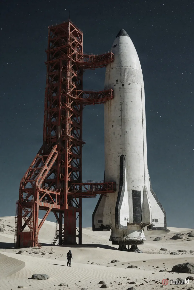 Massive bullet-shaped white spacecraft standing vertically on pale desert dunes, towering rusty red skeletal launch gantry adjacent with intricate wal...