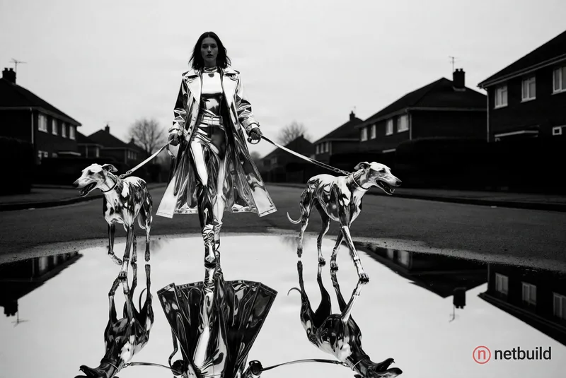 Surreal mixed media photography of a chrome metallic woman in a flowing liquid-metal trench coat, walking two mirrored chrome greyhounds on sleek leas...