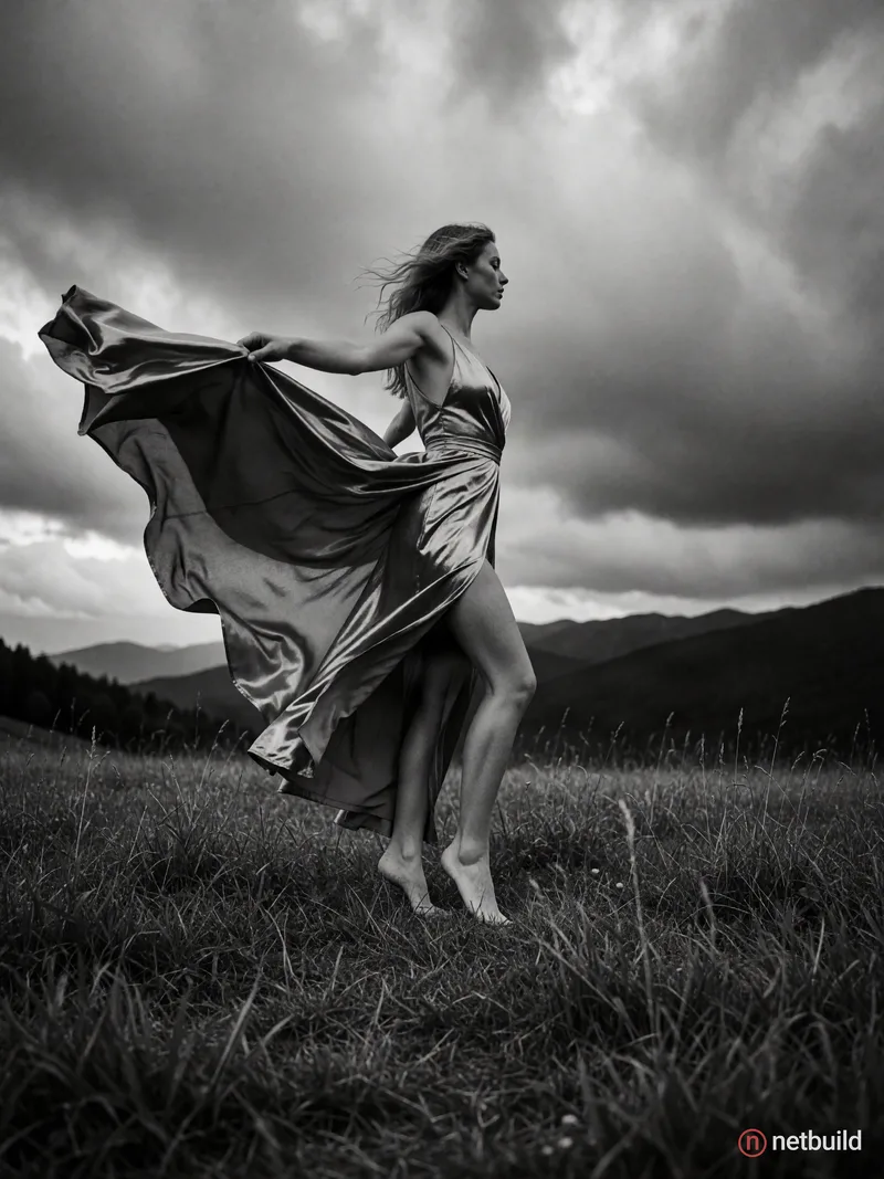 Dramatic black-and-white cinematic wide-angle shot from a low perspective of a barefoot woman in a grassy meadow. She wears a flowing silk gown with a...