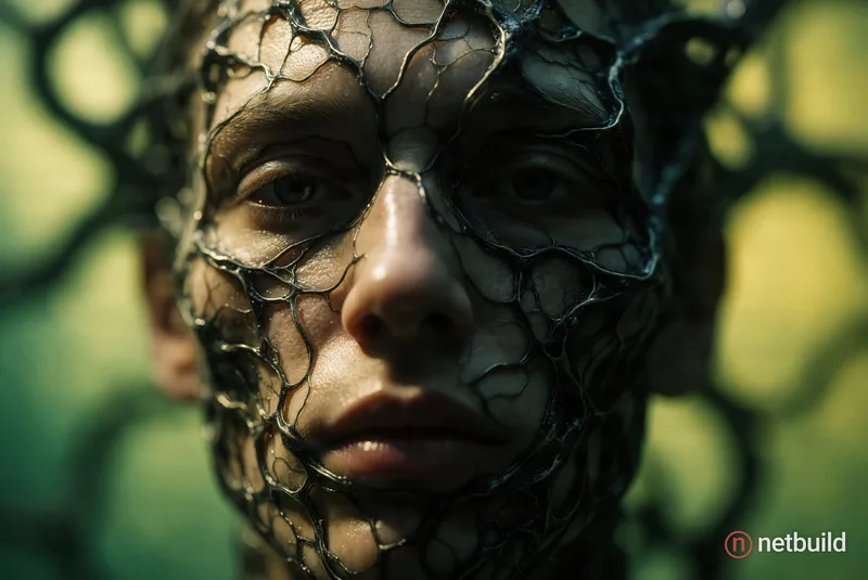Close-up of a human face dissolving into a network of interconnected neurons and synapses, with a blurred green and yellow background. The face is par...