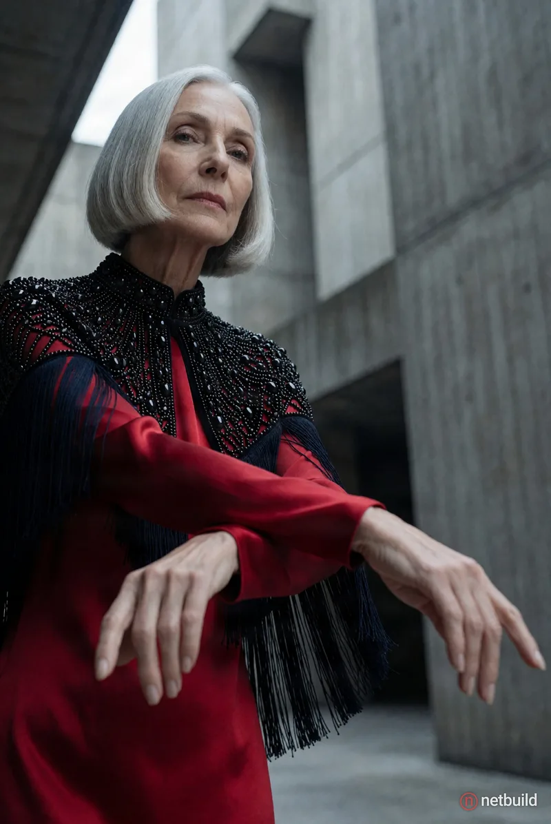 High-fashion editorial portrait of an older woman with a sharp silver bob haircut, posing with one arm gracefully extended toward the camera. She wear...
