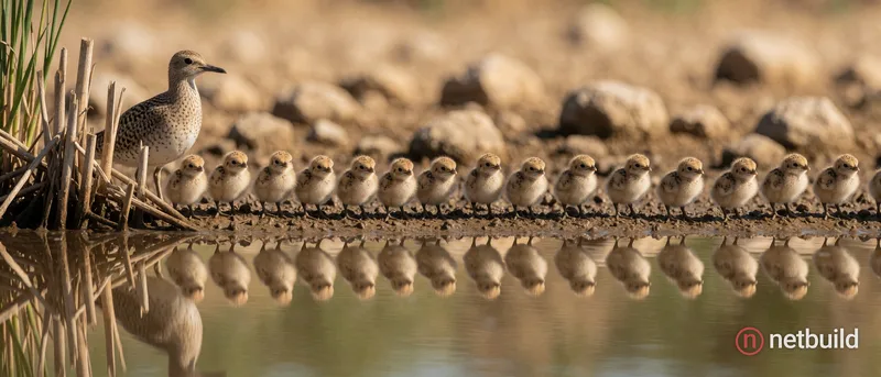 Wildlife photography of thirteen fluffy, speckled tan chicks and one larger adult bird standing in a long horizontal line along a muddy shoreline. The...