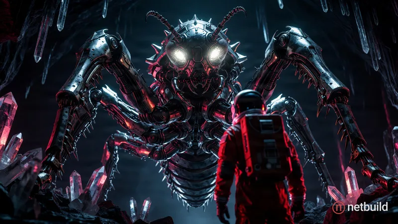A towering cybernetic insectoid with jagged metallic limbs and segmented steel plating rears up in a dark crystal cavern, its glowing optics piercing...
