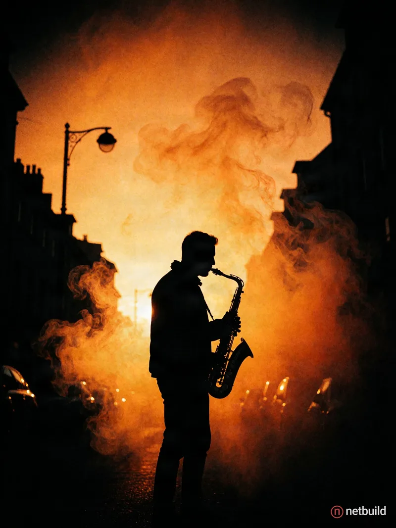 A solid black silhouette of a man playing a saxophone centrally positioned on an urban street, framed against a fiercely glowing, smoky orange backdro...