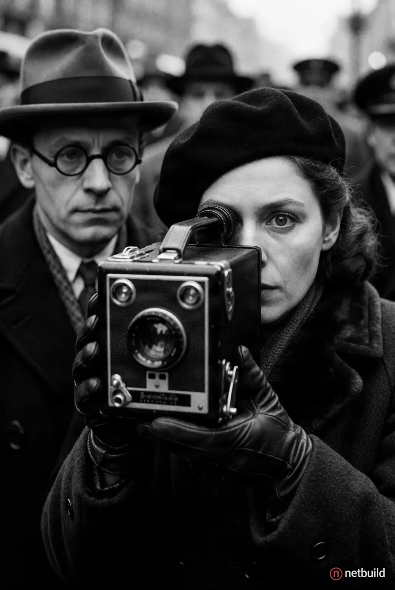 Cinematic black and white film still, close-up of a woman peering intensely through a large vintage box camera viewfinder with a wide-eyed shocked exp...
