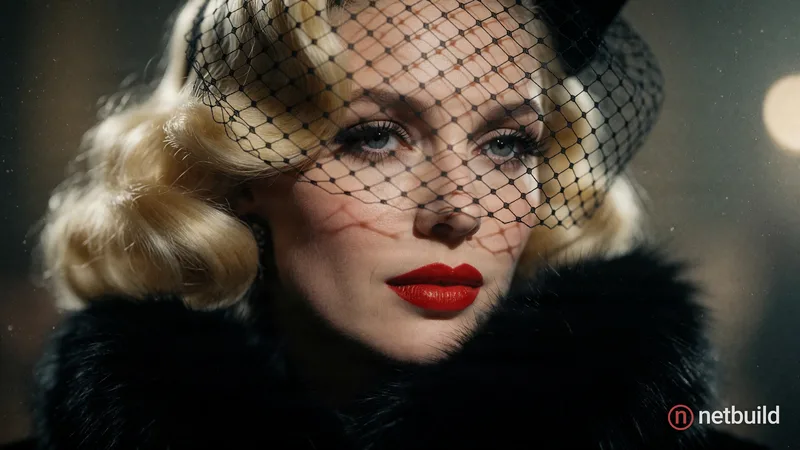 Extreme close-up portrait of a glamorous woman with voluminous wavy blonde hair and striking bright red lipstick. A delicate black net birdcage veil p...