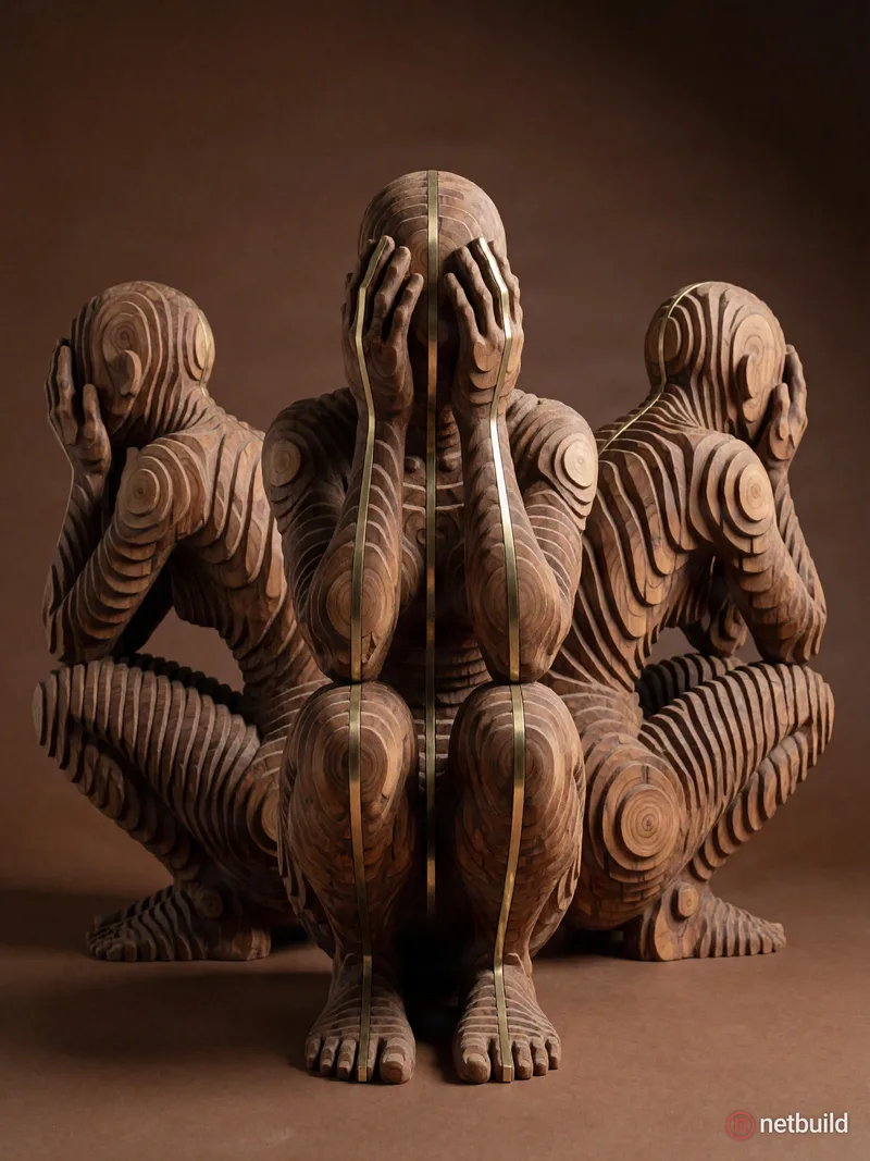 Four parametric wooden sculptures of a crouching figure from multiple angles against a seamless brown backdrop. Densely stacked wood slices create dee...