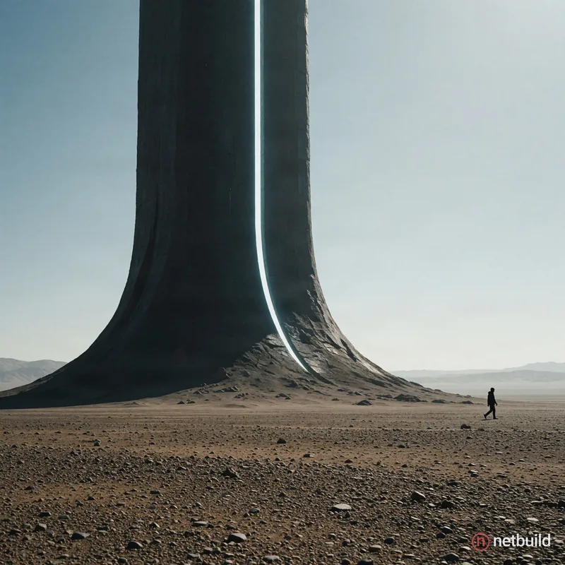 Cinematic wide shot of a colossal, dark monolithic structure with a flared base and a single, razor-thin vertical stripe of glowing light, dominating...