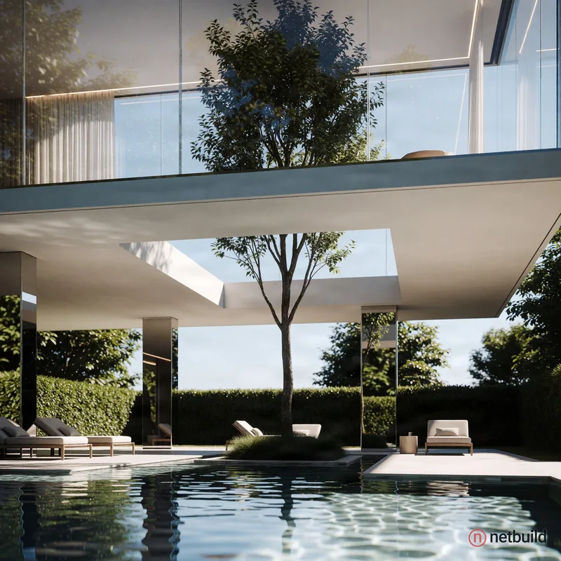 Hyper-realistic architectural shot of a modern luxury pool area. A minimalist white roof overhang features a precise rectangular sky cutout, through w...