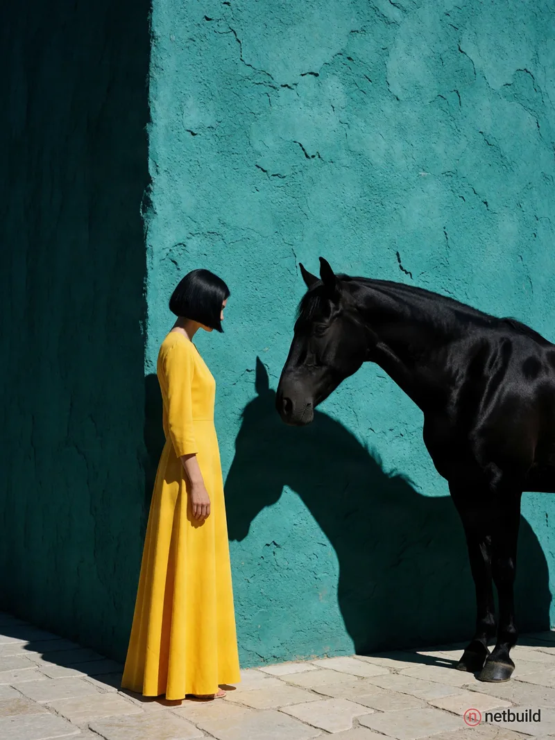 Cinematic full shot in profile of a woman with a sleek black bob wearing a vibrant yellow dress, facing a large black horse that gently lowers its hea...