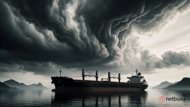 Cinematic wide-angle photograph of a massive dark-hulled cargo ship resting on calm, glassy waters, anchoring the lower third of the frame. In the dis...