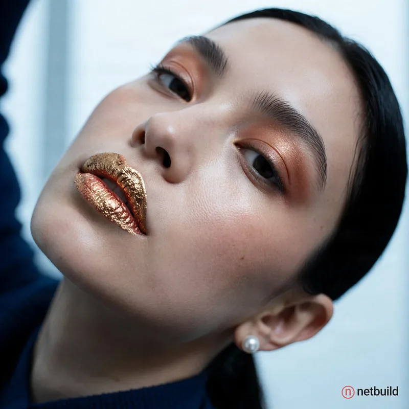 High-end editorial beauty portrait, close-up of a woman with head tilted back in a dynamic diagonal composition. Lips are heavily coated in textured c...