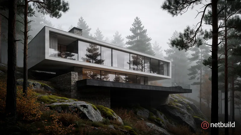 Photorealistic architectural rendering of a modern cantilevered house nestled in a dense foggy pine forest. An elongated rectangular upper level featu...