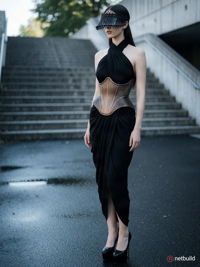 High-end fashion photography of an avant-garde model wearing an intricate black structured visor mask and a draped black halter dress, cinched by a sc...
