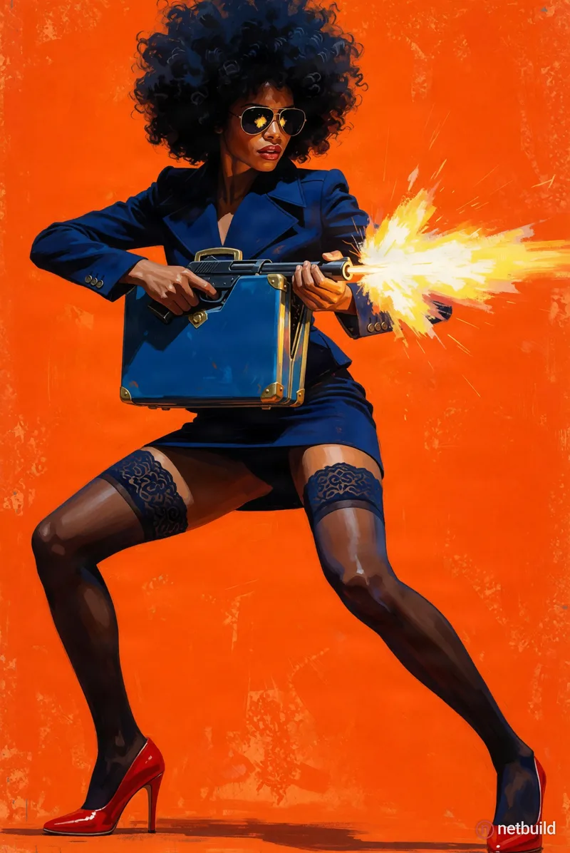 Stylized digital illustration of a woman with a voluminous afro in a dynamic wide-legged action stance, firing a concealed weapon from a blue briefcas...