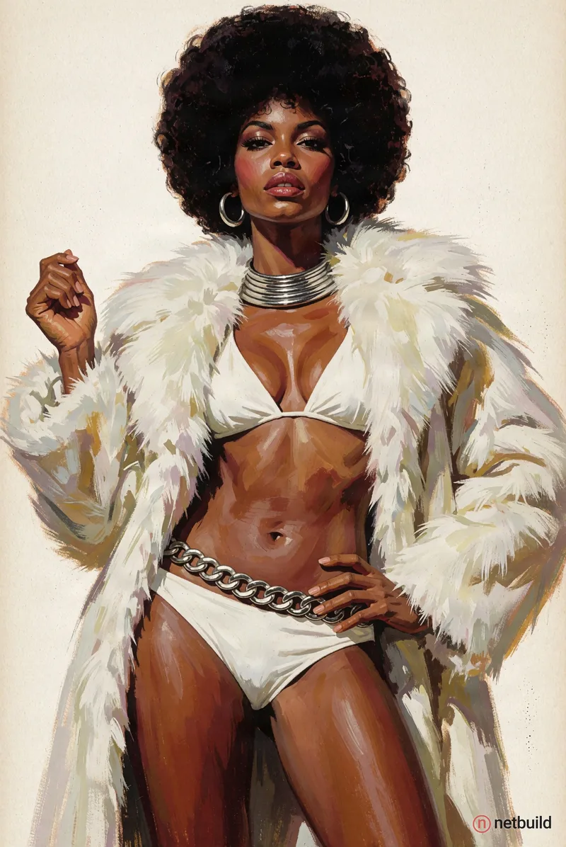 Vintage 1970s pulp illustration of a confident Black woman with a large rounded afro, posing powerfully against a textured off-white background. She w...