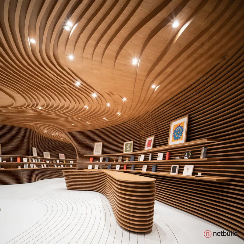 Wide-angle architectural photography of a retail interior featuring undulating, cavernous architecture made of layered light-brown wooden slats. The s...