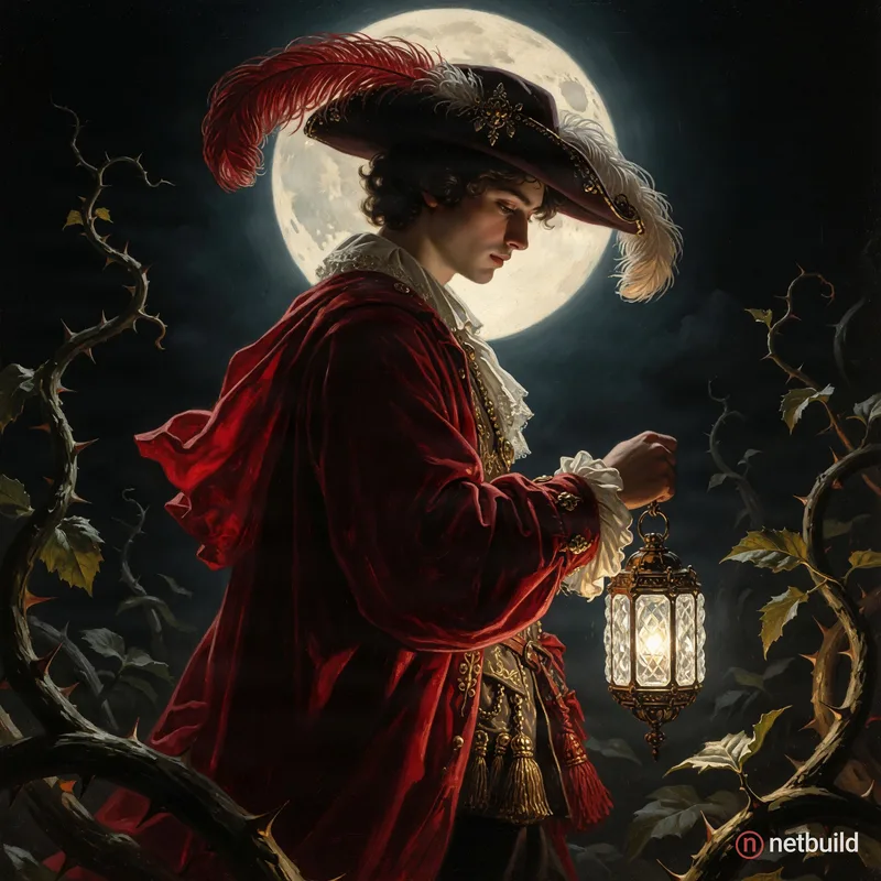 Classical oil painting of a young man in profile, wearing a flowing crimson coat and a wide feathered hat, gazing downward. He holds a glowing crystal...