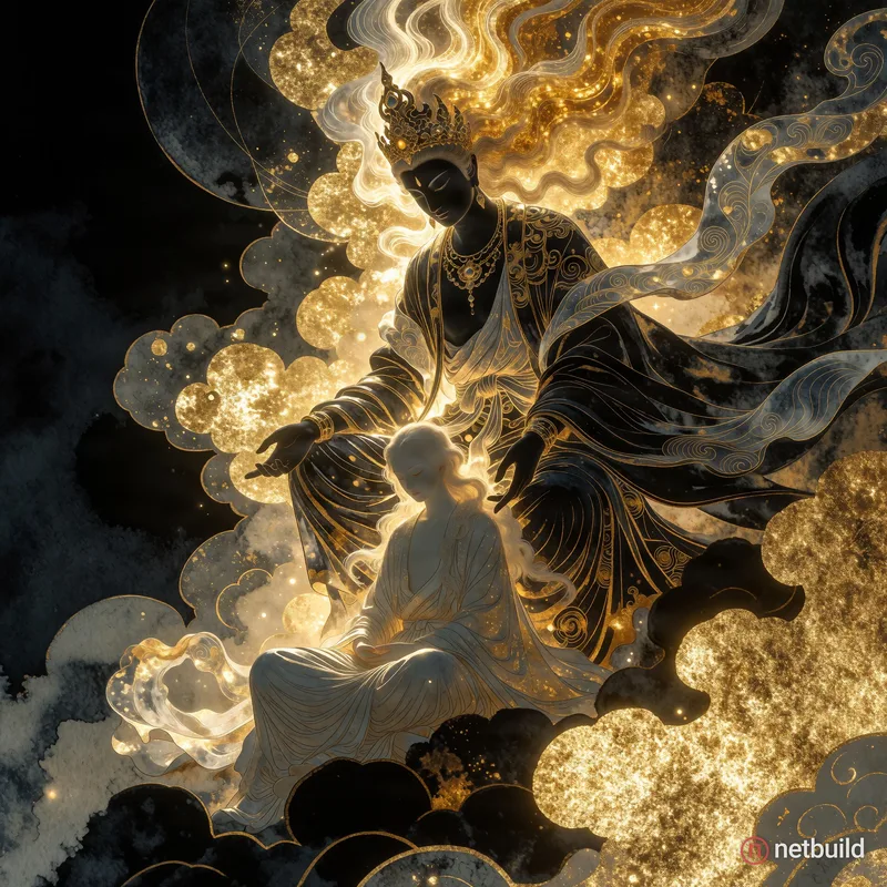 Ethereal fantasy illustration of a dark, radiant deity with flowing golden hair hovering majestically over a pale seated figure. A celestial compositi...