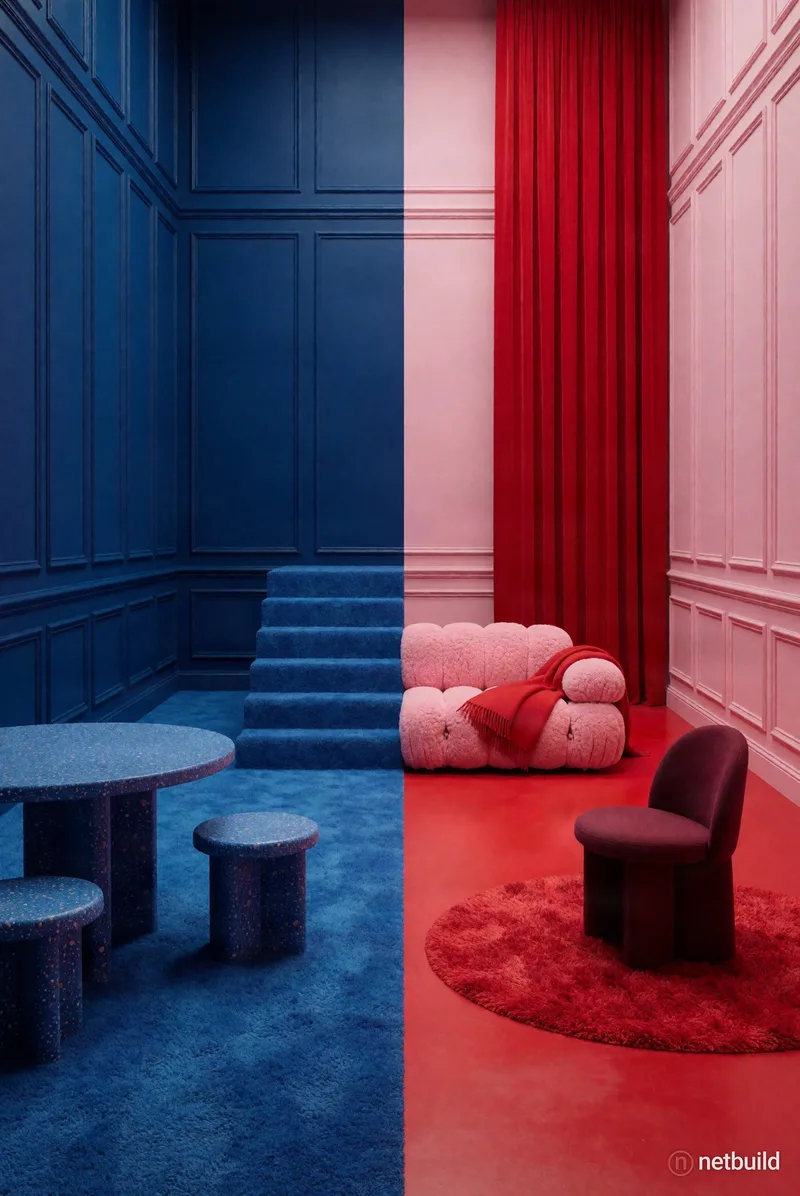 A surreal, symmetrical interior sharply split vertically into blue and red zones. Left side: navy paneled walls, blue carpeting, blue stairs, a speckl...