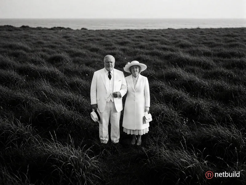 Cinematic wide shot in black and white, older couple standing in a vast meadow of textured dark grass stretching toward a distant ocean horizon. A hea...