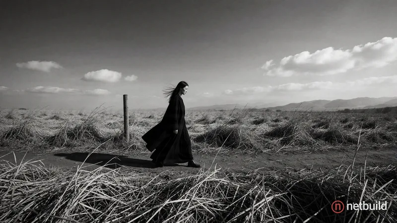 Cinematic wide-angle black and white photography of a woman walking in profile through a vast field of dry tangled grass. She wears a flowing dark coa...